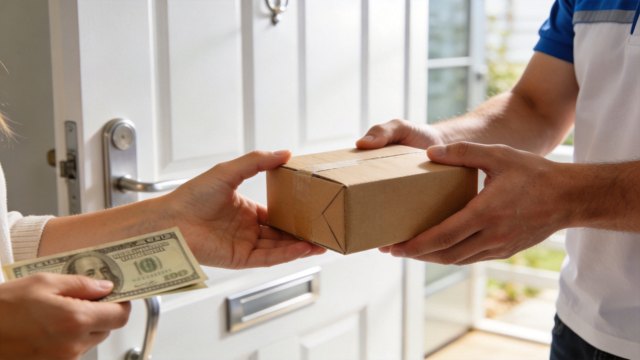 Courier handing over a parcel, paid in cash on delivery