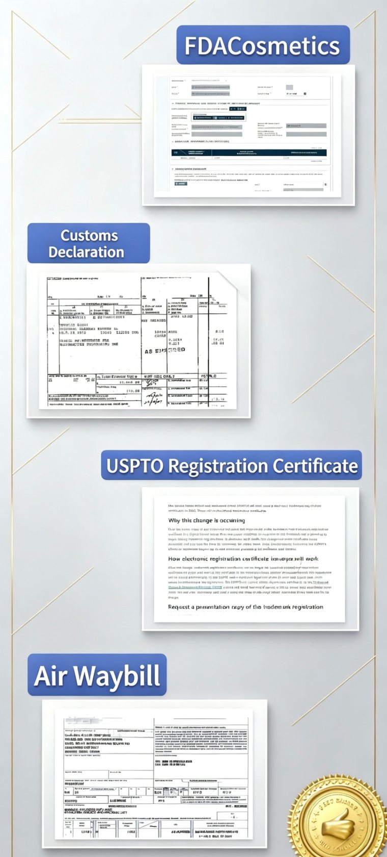 Registration, customs declaration and air waybill paperwork